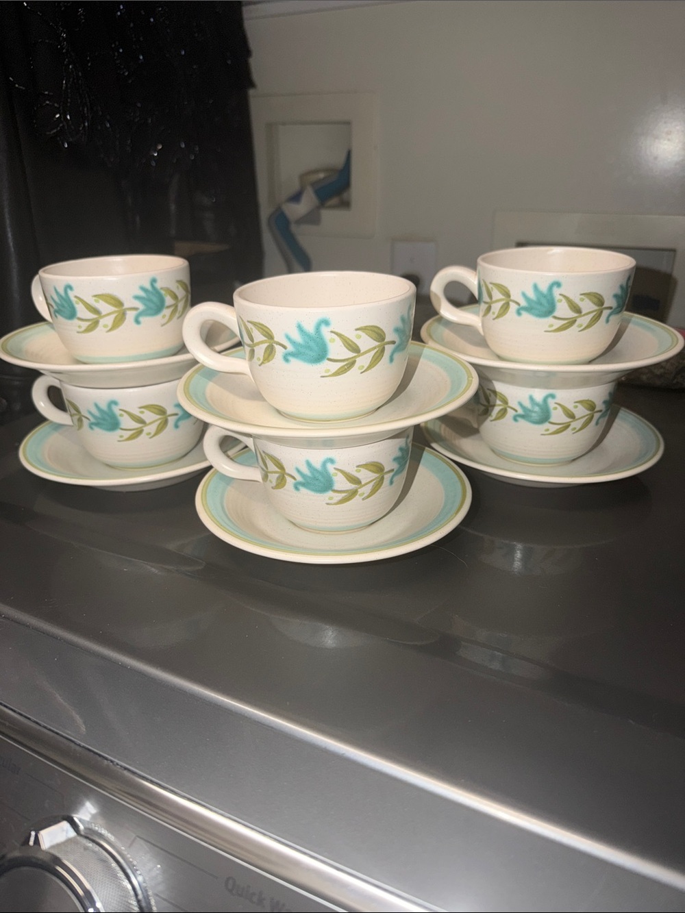 Tulip Time Franciscan ware set of six cups and saucers turquoise and lime green
